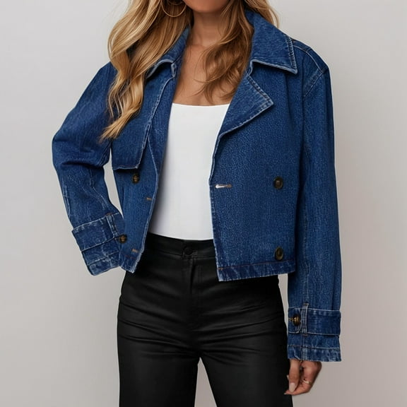 Women's Pure Color Denim Double Long Sleeve Jacket Washed Jean Crop Top Jean Jacket Women Small N Lightweight Long Sleeve Womens Fitted Short Jackets Vintage Jacket for Women Half Denim Jacket for