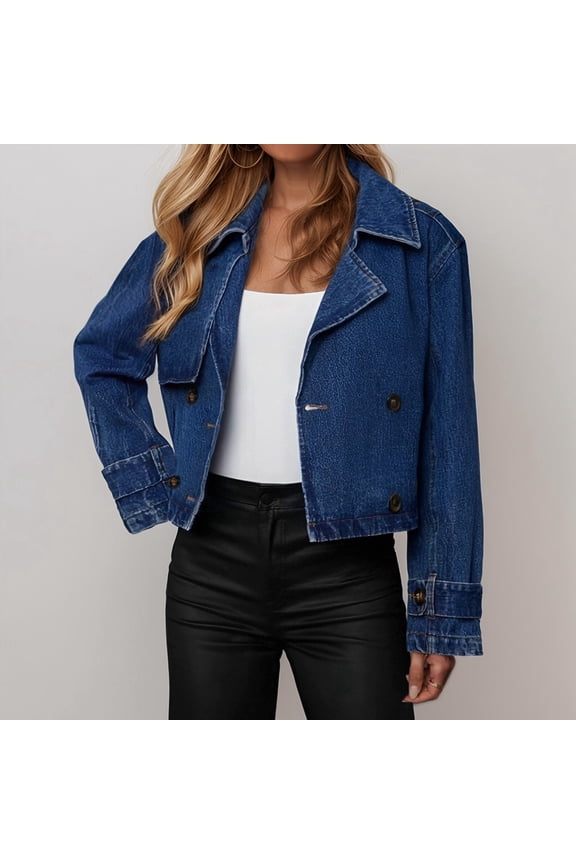 Women's Pure Color Denim Double Long Sleeve Jacket Washed Jean Crop Top Jean Jacket Women Small N Lightweight Long Sleeve Womens Fitted Short Jackets Vintage Jacket for Women Half Denim Jacket for