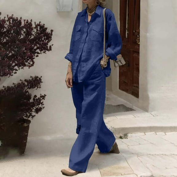 Women's Pure Color Linen Long Sleeve Shirt With Pocket & Relaxed Fit Straight Leg Pants Two Piece Set Petite Pant Suit for Women Women's Tall Ski Pants Ski Suit Women Women Snowsuit Winter Jumpsuits