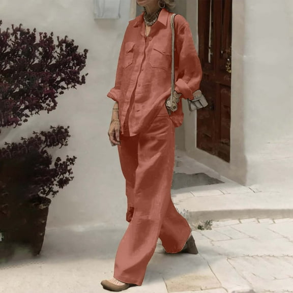 Women's Pure Color Linen Long Sleeve Shirt With Pocket & Relaxed Fit Straight Leg Pants Two Piece Set Petite Pant Suit for Women Women's Tall Ski Pants Ski Suit Women Women Snowsuit Winter Jumpsuits