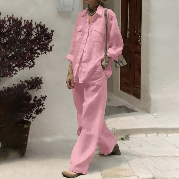 Women's Pure Color Linen Long Sleeve Shirt With Pocket & Relaxed Fit Straight Leg Pants Two Piece Set Petite Pant Suit for Women Women's Tall Ski Pants Ski Suit Women Women Snowsuit Winter Jumpsuits
