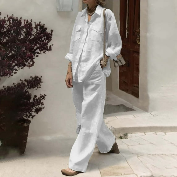 Women's Pure Color Linen Long Sleeve Shirt With Pocket & Relaxed Fit Straight Leg Pants Two Piece Set Petite Pant Suit for Women Women's Tall Ski Pants Ski Suit Women Women Snowsuit Winter Jumpsuits
