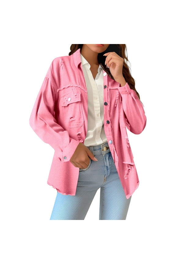 Women's Pure Color Loose Denim Jacket Long Sleeve, Casual Style, Comfortable Fit, Durable Polyester, for Everyday Wear