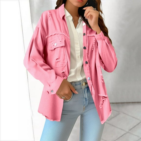 Women's Pure Color Loose Denim Jacket With Sleeves 3x Denim Jacket Light Jackets for Women Jacket for Juniors Lace up Jean Jacket Crop Denim Jacket Petite Jean Jackets for Women Long Sleeve Button