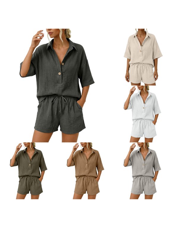 Women's Pure Color Shirt Shorts Set, Coordinated Two Piece, Lightweight Suit, Spring Summer Casual
