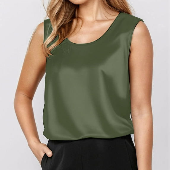 Women's Pure Color Silk Strap Tank Top With Round Neck Women Damage Done Shirts Design Women Shirts Classic Womens Blouse Quarter Length Sleeve Shirts V Neck Tee Shirts for Women Quarter Sleeve