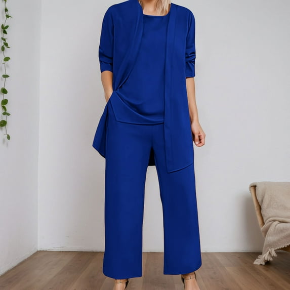 Women's Pure Color Trousers Suit 2 Piece Set Casual Outfit Round Neck Pocket Design Comfortable Pant Suits for Spring Summer