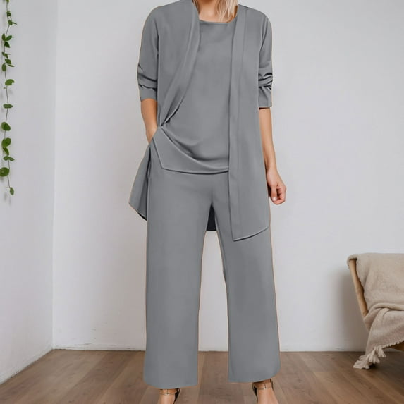Women's Pure Color Trousers Suit 2 Piece Set Casual Outfit Round Neck Pocket Design Comfortable Pant Suits for Spring Summer
