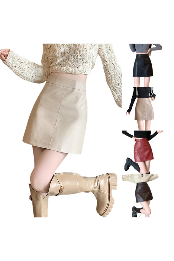 Women's Pure Colored Short Skirt Skirt Tight Leather Skirt Slit Miniskirt Pleated Midi Skirt M