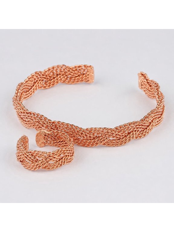 Women's Pure Copper Braided Cuff Bracelet & Adjustable Ring Set, Handcrafted Twisted Open Cuff Jewelry Combo, Rose Copper Finish, One Size