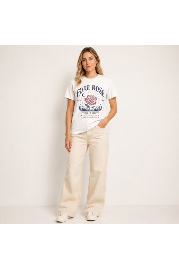 Women's Pure Rose Graphic T-Shirt, White Short Sleeve Crew Neck Tee, Vintage Floral Mountain Print Casual Summer Top