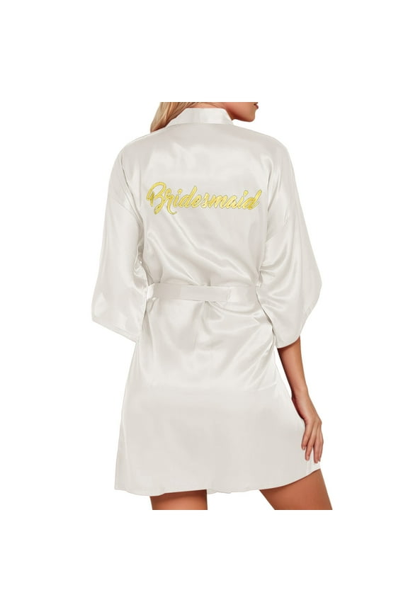 Women's Pure Short Satin Robes Wedding Party Robe Bridesmaid Letters Kimono Satin Pyjamas Bathrobe Bath Robe Loungewear White M