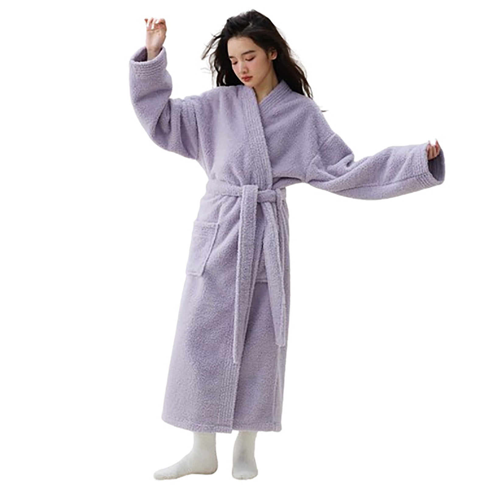 Women's Purple Bathrobe with Pockets Unisex Oversized Soft Warm Fleece Bath Robes Plush Long Sleepwear Casual Homewear Winter