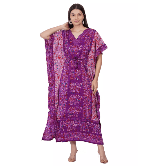 Women's Purple Elephant Printed Long Kaftan Maxi Tunic Caftan Gown Top Night Dress One Size
