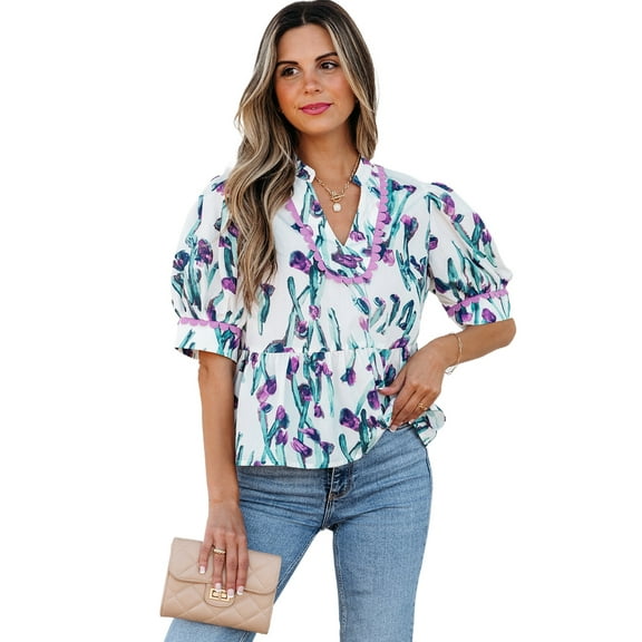 Women's Purple Floral Ricrac Trim Peplum Top with Puff Sleeves - [ZhiHiMeRi] | (US 12-14)L