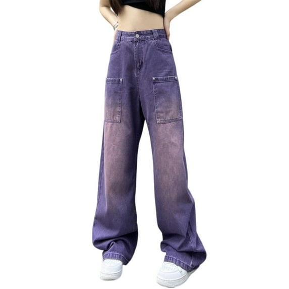 Women's Purple Gradient Straight Leg Jeans, Summer Denim Pants with Comfort Stretch & Modern Washed Finish,Purple 2XL