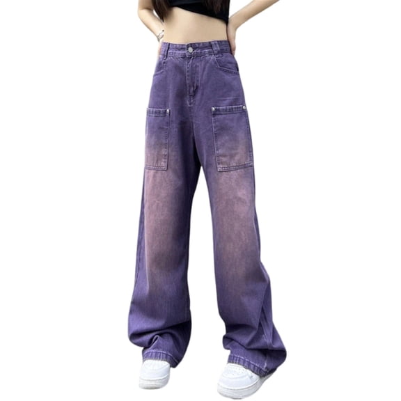 Women's Purple Gradient Straight Leg Jeans, Summer Denim Pants with Comfort Stretch & Modern Washed Finish,Purple M