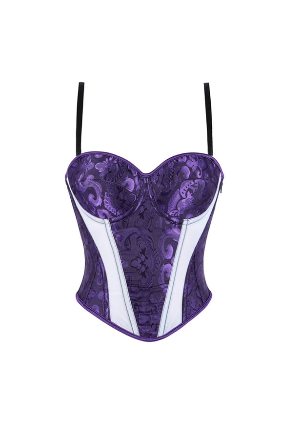 Women's Purple Jacquard Contrast Panel Spaghetti Strap Corset Hourglass Tummy Control Shaping Bodice for Club