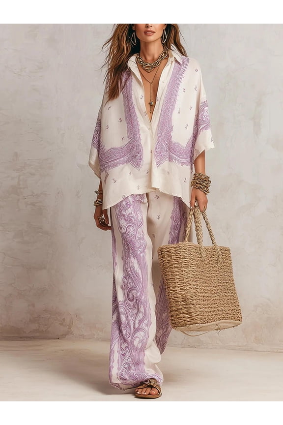 Women's Purple Paisley Ethnic Border Print Boho Two-Piece Vacation Co-Ord Set Oversized Button Down Shirt & High Waist Full Wide Leg Pants