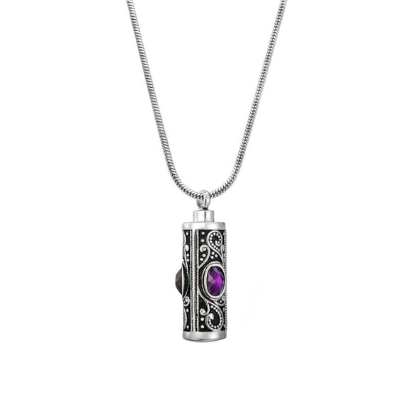 Women's Purple Rhinestone Stainless Steel Cylinder Funeral Cremation Urn Necklace for Ashes Keepsake Remembrance Stainless Steel Memorial Pendant with Free Funnel Kit and Velvet Jewelry Box