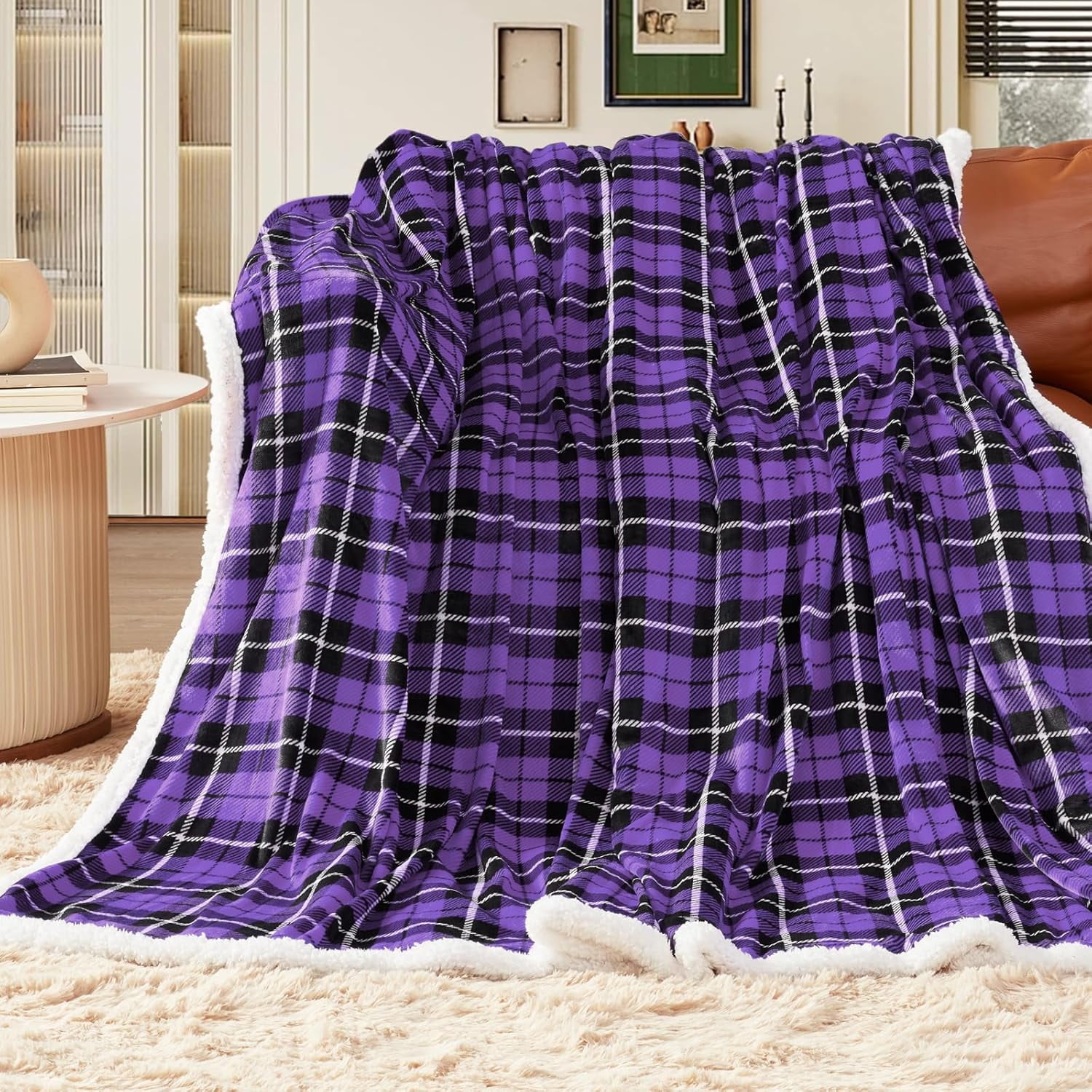 Sherpa Throw Blanket Twin Checkered Warm Soft Blanket for Couch