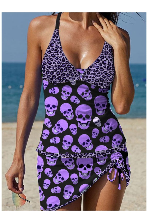 Women's Purple Skull & Leopard Print Tankini Swimsuit Two-Piece with Skirt Bottom, Tummy Control, Adjustable Drawstring, Modest Swimwear for Beach Pool Vacation