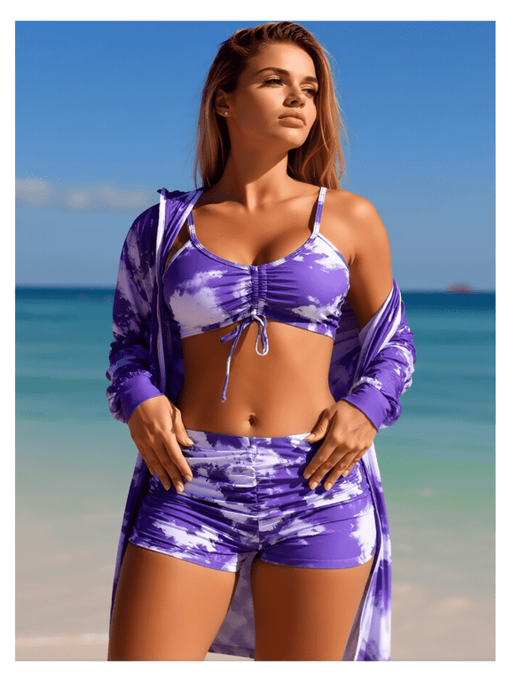 Women's Purple & White Tie Dye Ruched Bikini Top & Bikini Shorts 3-Piece Swim Set with Zip-Up Long Sleeve Cover-Up for Beach, Pool, Vacation S-XL