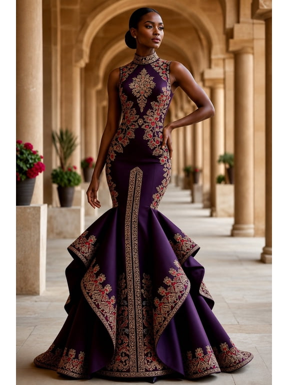 Women's Purple and Gold Mermaid Maxi Silhouette Evening Gown with Mock Neck and Sleeveless for Wedding Guest, Prom and Evening Party
