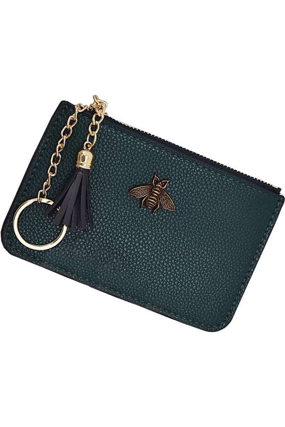 Women's  Purse Change Wallet Pouch Leather Card Holder with Key Chain Tassel Zip (Dark Green)