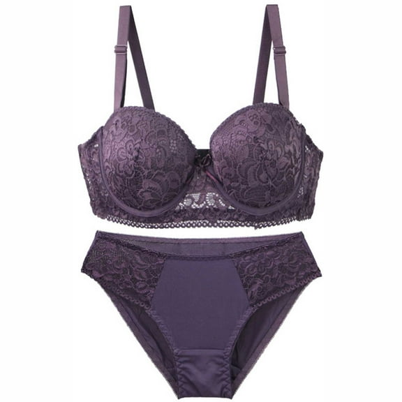 Women's Push up Bra and Panty Set Lace Soft Cup Comfortable Everyday Underwire Bralettes and Briefs Suit Ladies Bras No Underwire Full Support Purple 100B