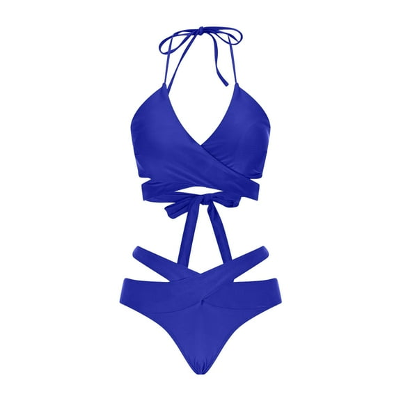 Women's Push Up Bikini Set - Criss Cross Halter Top & High Waisted Cut Thong, Lace-Up Front & Tie-Back Sexy Swimwear in Solid Color