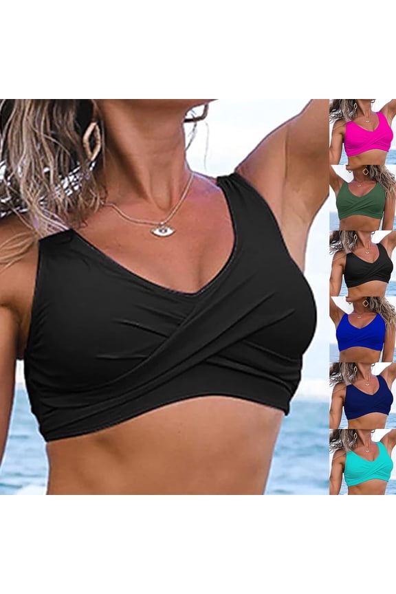UVEASISHA Women's Push Up Bikini Tops Padded Twist Front Sports Bra Swim Tops Full Coverage wireless Bathing Suit Athletic Swimwear Black S