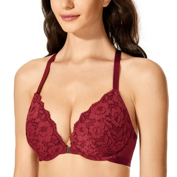 Women's Push Up Bra Racerback Front Closure Lace Padded Underwire Bras