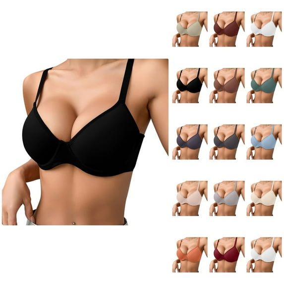Women's Push Up Bra – Thin Solid Color Comfortable Breathable Underwire Padded T-Shirt Smooth Plunge Deep V Lift Up Add One Cup