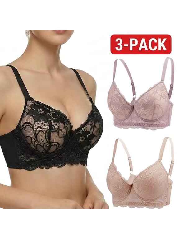 Women's Push-Up Lace Bra 3-Pack, No-Slip Adjustable Straps, Smooth Padded Cups, Dual U-Wire Lift Bra for Everyday, Multipack