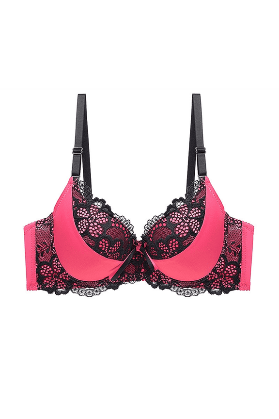 Women Push Up Underwire Bra Lace Color Contrast Cute Sweet Padded Comfortable Adjustable Bra Black 34
