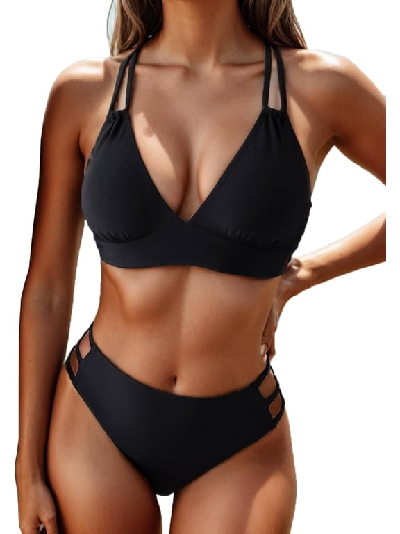 Women's Push Up V Neck Bikini Sets Criss Cross Back Two Piece Bathing Suit