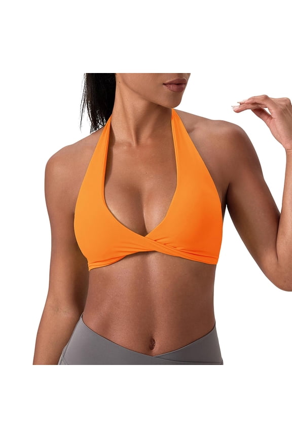 Women's Push-Up Yoga Bra,Halter Neck Seamless Solid Color Bra,Removable Pads Backless Side Support Gathering Sports Daily Lingerie Orange XL