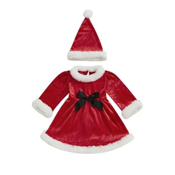 BemeyourBBs Little Girl Christmas Outfit Fuzzy Trim Long Sleeve Velvet Dress Hat