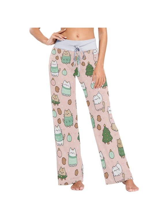 Women's Pushkin Cat Comfy Stretch Wide Leg Pajama Pants, Drawstring Waist Casual Lounge Pants