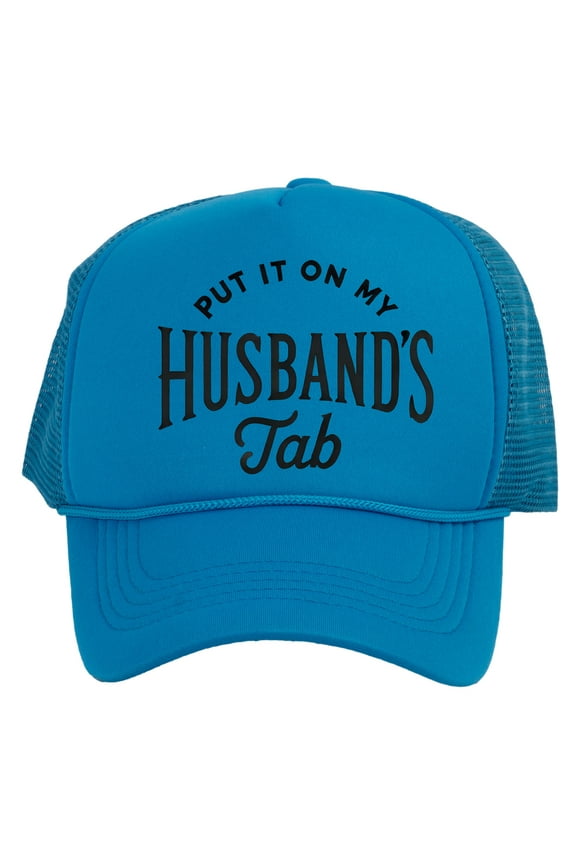 Women's Put It On My Husbands Tab Trucker Hat, Aqua