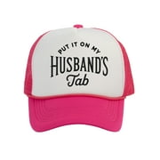 Womens Put It On My Husbands Tab Trucker Hat, White/Hot Pink