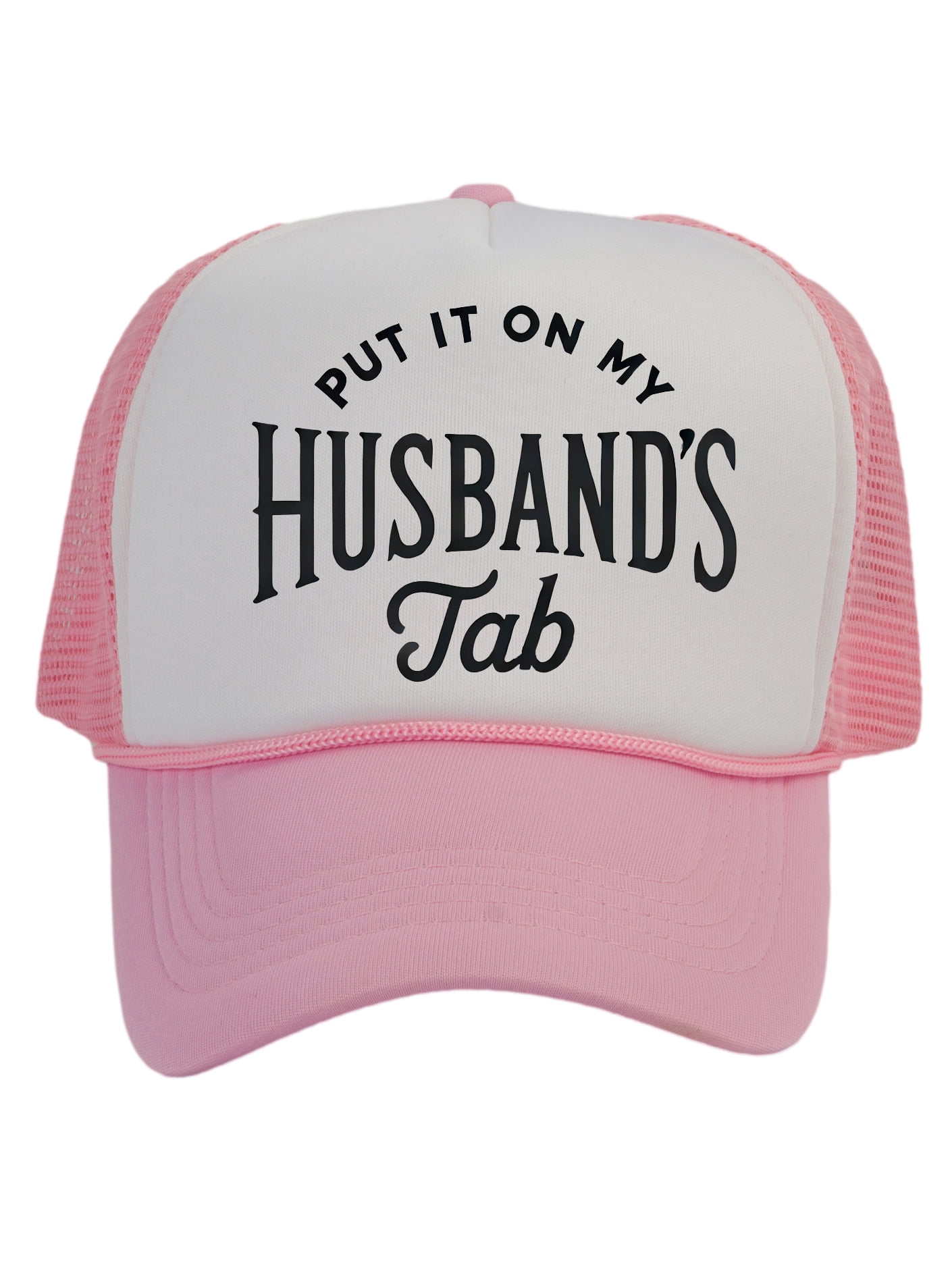 Women's Put It On My Husbands Tab Trucker Hat, White/Light Pink ...