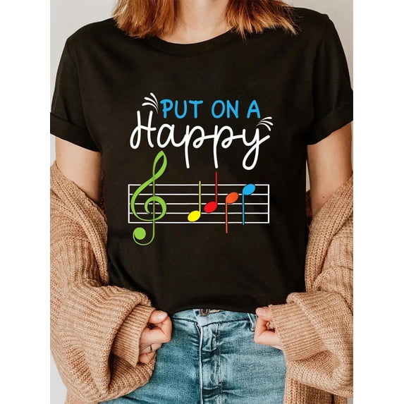 Women's Put On A Happy Music Note Graphic T-Shirt