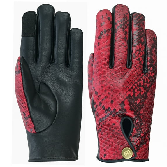 Women's Python Snake Embossed Leather Motorcycle Dress Gloves Full Finger Biker Riding Ladies Gloves Burgundy-L