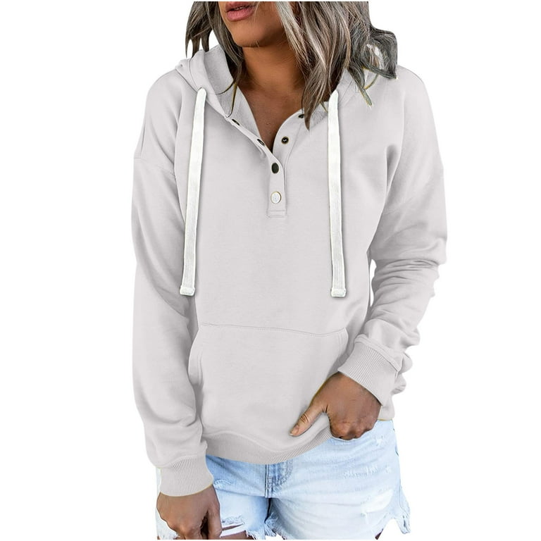 Women s Quarter Button Hoodie Pullover Drawstring Long Sleeve Solid Pocket Hooded Sweatshirt Sweater Tops S XXL Medium White Walmart