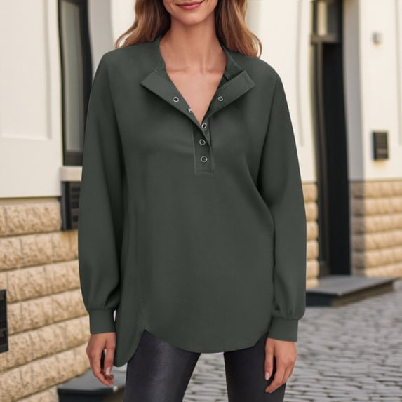 Women's Quarter Button Hoodies V-Neck Casual Long Sleeve Fashion Solid Color Pullover Sweatshirt Tops (S, Dark Gray)