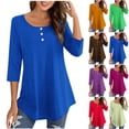 thumbnail image 1 of Women's Quarter Sleeve 3/4 Sleeve Round Neck Button Down Shirt Blouse Top, Solid Color Loose Fit Casual Tunic for Work Office Summer | CSEONE,Brown L, 1 of 8