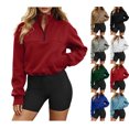 thumbnail image 1 of Women's Quarter Zip Cropped Sweatshirt Solid Color Stand Collar Long Sleeve Casual Pullover Tops Drawstring Hem Hoodless Sweatshirt with Side Pockets, 1 of 6