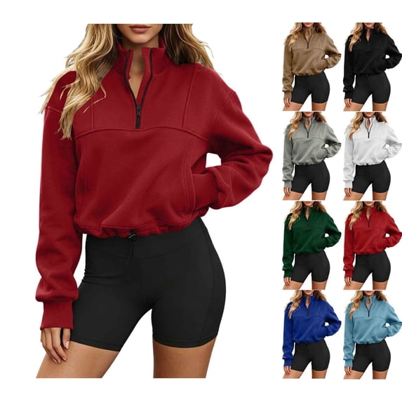 Women's Quarter Zip Cropped Sweatshirt Solid Color Stand Collar Long Sleeve Casual Pullover Tops Drawstring Hem Hoodless Sweatshirt with Side Pockets